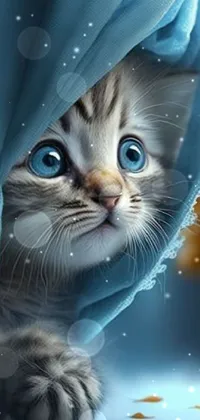 This delightful live phone wallpaper features a cute kitten peering from behind a blue curtain in a beautiful morning scene