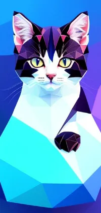 This stunning phone live wallpaper depicts a black and white cat seated against a blue and purple abstract backdrop