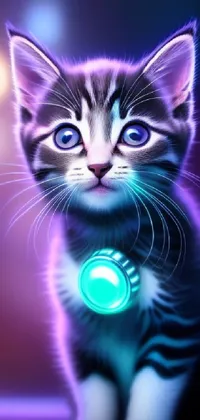 A delightful close-up 3D render of a cat with a bright, glowing collar is the highlight of this charming live wallpaper for iPhone