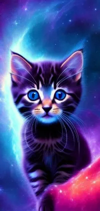 Looking for a mesmerizing wallpaper for your phone? Look no further than this digital masterpiece featuring a cute kitten on a stunning galaxy background
