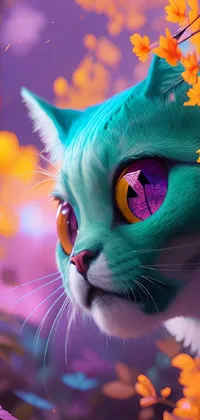 This phone live wallpaper showcases a digitally painted cat amidst a field of colorful flowers