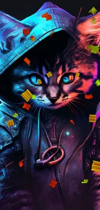 Get this amazing phone live wallpaper depicting a cat wearing a hoodie, with an epic fantasy art style in HD quality! The cat has an intense gaze and the background is filled with vibrant colors and intricate details