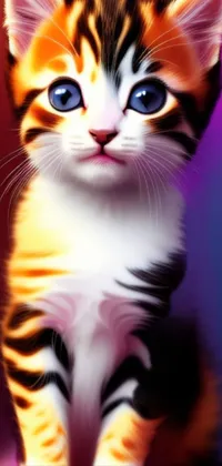 Looking for a fun and playful live wallpaper for your mobile device? Check out this cute design featuring a realistic digital painting of a small calico kitten sitting on a table