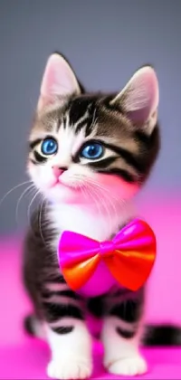 This phone wallpaper features an adorable kitten wearing a trendy bowtie