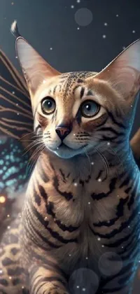 This stunning phone live wallpaper showcases a digital art piece of a majestic cat with wings