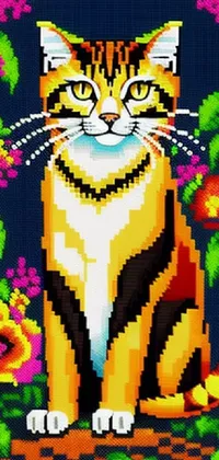 Looking for an eye-catching and distinctive live wallpaper for your phone? This one is a must-see! Featuring a cross-stitch image of a feline amidst a botanical wonderland, the pixel art style lends it a unique air
