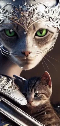 This mobile wallpaper features a stunning digital rendering of a cat with striking green eyes, decked out in full silver armor