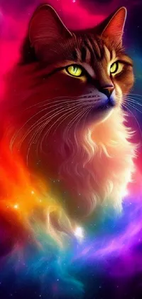 This phone live wallpaper features a stunning digital artwork of a fluffy cat against a vibrant galaxy background