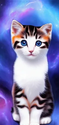 This live wallpaper features an adorable cat with blue eyes set against a galaxy background
