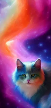 Looking for a stunning live wallpaper for your phone? Check out this colorful furry cat laying down in space! This airbrush digital art features a beautiful galaxy background with bright planets and nebulae