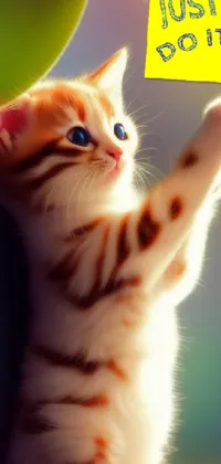 This phone live wallpaper showcases a colorful and cute kitten reaching up towards a bright yellow post-it note