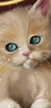 This adorable phone live wallpaper features a digital painting of a cat with a halo on its head, munching on a delicious treat