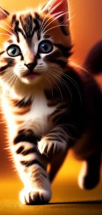 This phone live wallpaper features a digital painting of an adorable kitten on a yellow background with a blurred, dreamy illustration style