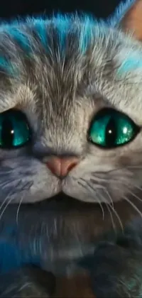 This phone live wallpaper features an incredibly photorealistic close-up image of a cat with striking green eyes