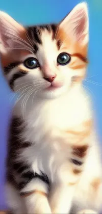 This phone live wallpaper features a cute kitten sitting on a blue surface