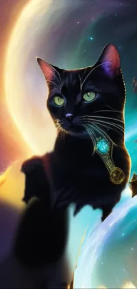 This stunning live wallpaper depicts a black cat in outer space, exuding a mysterious aura with piercing green eyes and a sleek black coat
