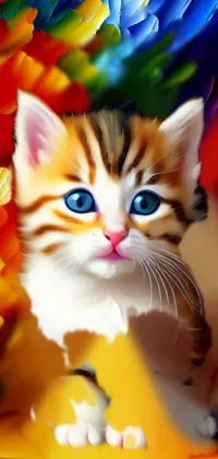 This phone live wallpaper showcases a digital painting of a cute kitten sitting on a table