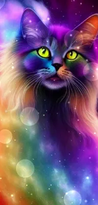 Adorn your phone with a stunning live wallpaper that features a close-up image of a cat set against a galaxy background