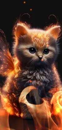 This live wallpaper features a close-up of a fiery furry cat against a black background