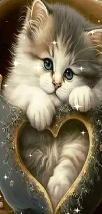 This phone live wallpaper boasts a charming image of a kitten inside a cup with a heart, expertly rendered to appear photorealistic