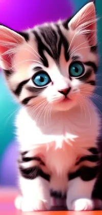 This phone live wallpaper reveals a charming cartoon kitten with big blue eyes, adorably sitting atop a table
