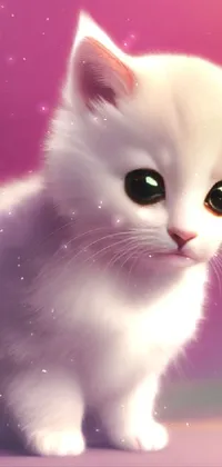 This phone live wallpaper depicts a sweet white kitten perched on a table, rendered in a delightful digital painting style