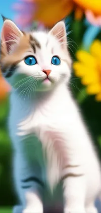 Looking for a beautiful and adorable live wallpaper for your phone? Check out this stunning digital painting of a white kitten sitting in front of a bunch of yellow flowers