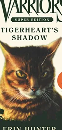 This stunning live wallpaper features a book cover for "Warriors of the Tigerheart's Shadow", displaying a majestic cat with a full heart-shaped face