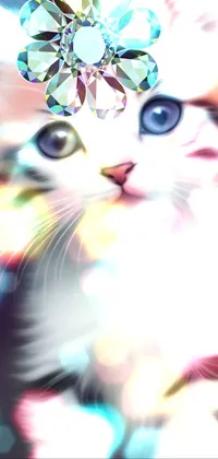 This phone live wallpaper showcases a charming digital painting of a white kitten with vivid blue eyes