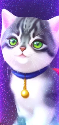 This phone live wallpaper features a furry gray and white cat sitting next to a stuffed animal, surrounded by a portrait