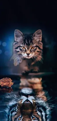 Get mesmerized by this phone live wallpaper featuring a stunning photorealistic image of a Maine Coon warrior cat delicately walking on water