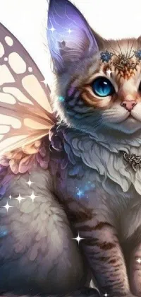 This is a stunning live phone wallpaper featuring a blue-eyed cat with butterfly wings on its back in a magical and fantasy-inspired setting