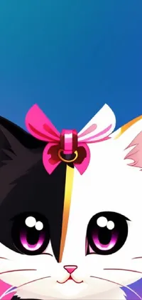 This lovely phone live wallpaper showcases an adorable black and white feline sporting a pretty pink bow on its head