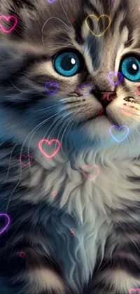 This phone live wallpaper showcases a close-up shot of an adorable kitten with mesmerizing blue eyes
