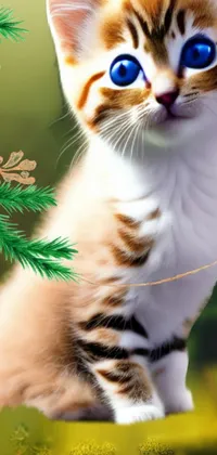 This phone live wallpaper features a cute kitten with blue eyes resting on a green cushion