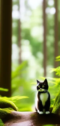 Get this stunning phone live wallpaper featuring a black and white cat amidst a green forest