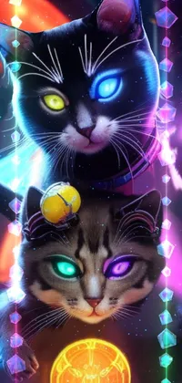 This live wallpaper features two cute cats sitting on top of each other in a cyberpunk city