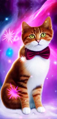 This phone live wallpaper features an airbrush painting of a stylish cat wearing an elegant bow tie