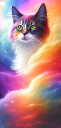 This lively phone live wallpaper boasts a colorful, artistic design featuring a cuddly cat sitting amidst fluffy clouds