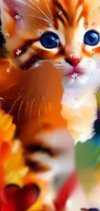 This stunning phone live wallpaper showcases an adorable painting of a kitten against a colorful background
