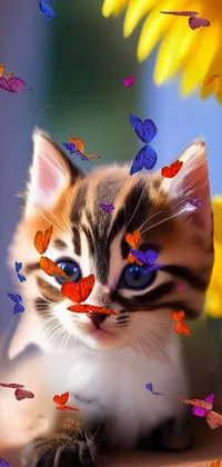 This is a phone live wallpaper featuring a beautiful digital painting of a small kitten sitting next to yellow flowers