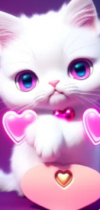 This phone live wallpaper showcases a charming digital art design that features a lovable white cat sitting on a pink heart