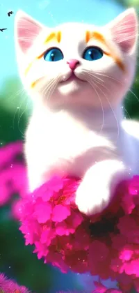 Decorate your phone screen with a stunning live wallpaper featuring a charming white cat sitting gracefully on top of a lovely pink flower