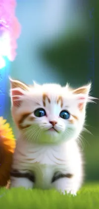 This phone live wallpaper showcases an adorable kitten sitting amidst a lush green grass field beside a vibrant sunflower