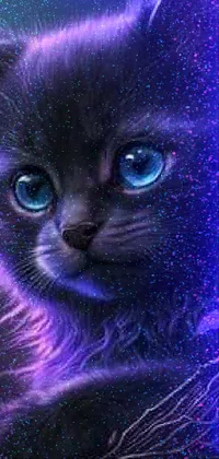This phone live wallpaper features an eye-catching digital art of a cat with blue eyes