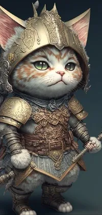 Decorate your mobile phone with this incredible phone live wallpaper featuring an adorable yet fierce cat dressed in detailed armor, holding a sword in its hand