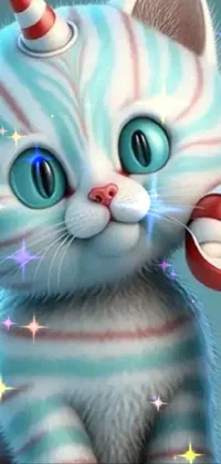 Get into the holiday spirit with this phone live wallpaper! Featuring a furry orange and white cat sitting next to a green and white striped candy cane, this detailed airbrush art is trending on CG Society