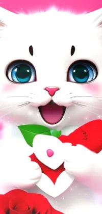 This digital rendering of a live wallpaper features a cute white cat with a big smile holding a red rose and a heart