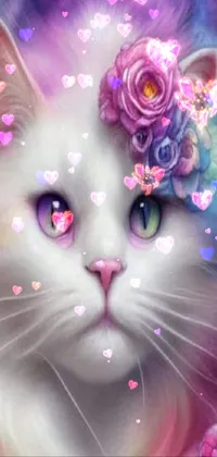 This phone live wallpaper features a beautiful white cat with a flower on its head, depicted in a charming airbrush painting style