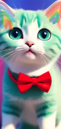 Boost your phone's aesthetic with this captivating live wallpaper featuring a stunning colorful close-up of a cat wearing a bow tie